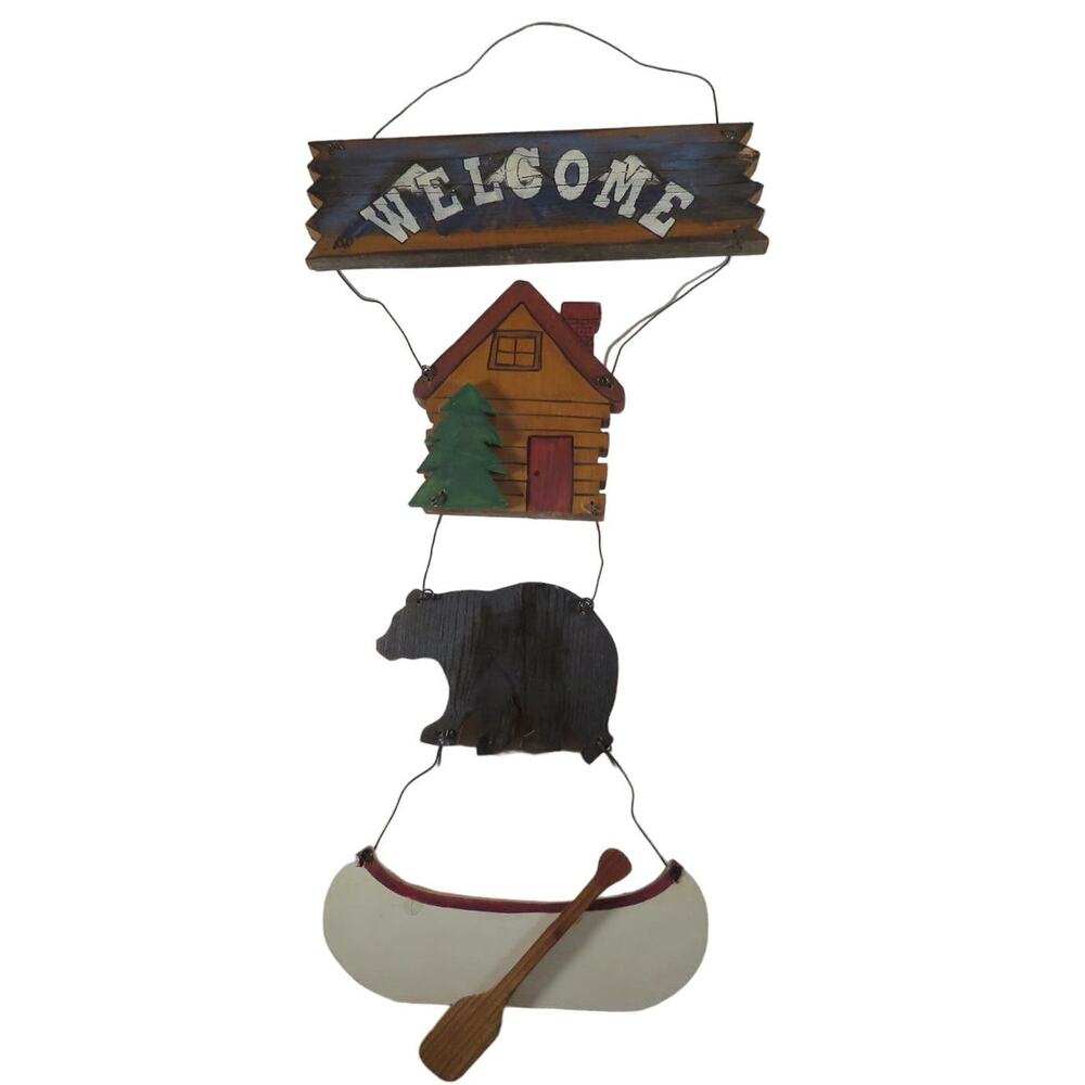 Rustic Cabin Bear Canoe Welcome Sign Wood Handcrafted Decor Approx. 25" Long